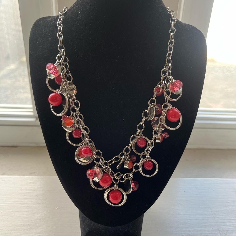 Christopher & Banks Red Bead & Silver Color Metal Charm Necklace